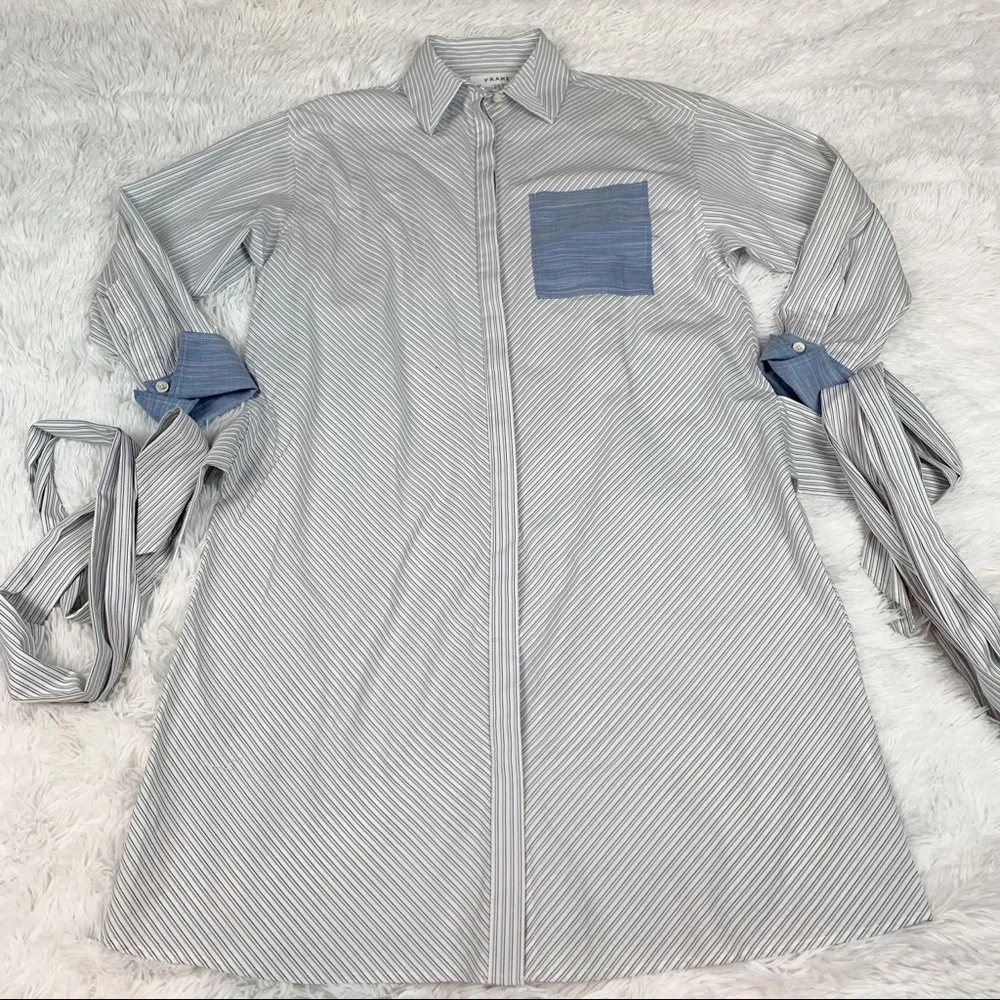Frame contrast striped wrapped tie waist shirt dress button up pocket - Picture 2 of 12